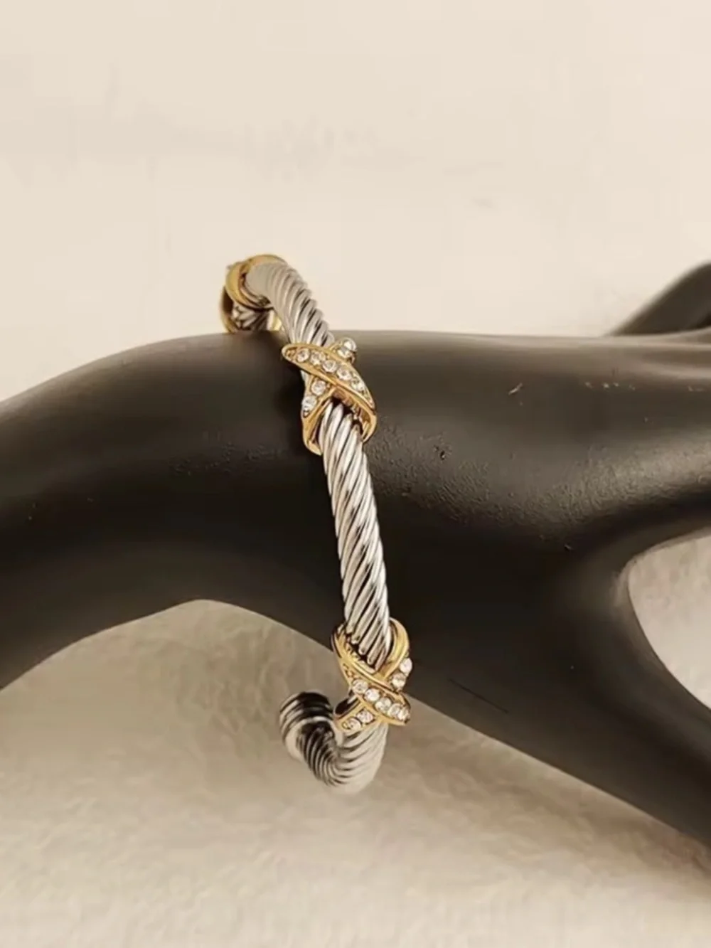 Anthropologie Two-Tone Silver and Gold Cable Cuff with Crystals
